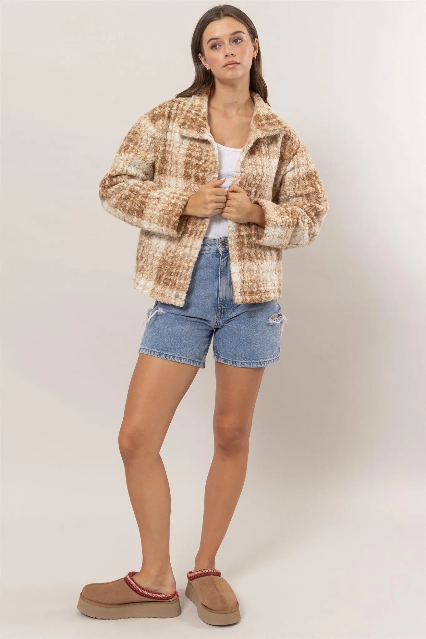 Plaid Collared Neck Boucle Jacket