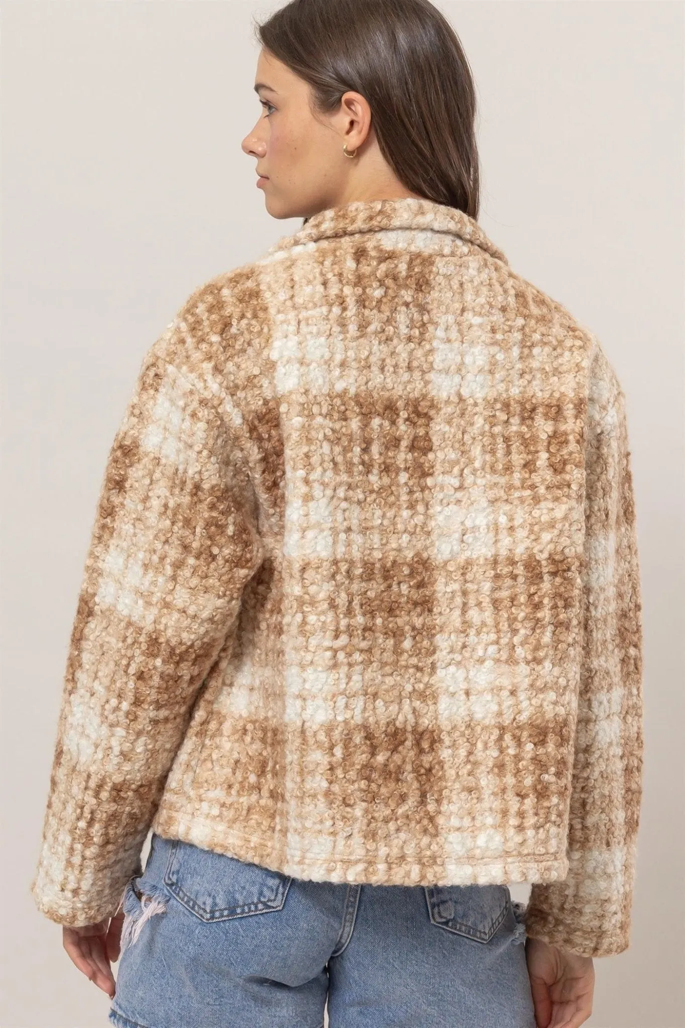 Plaid Collared Neck Boucle Jacket