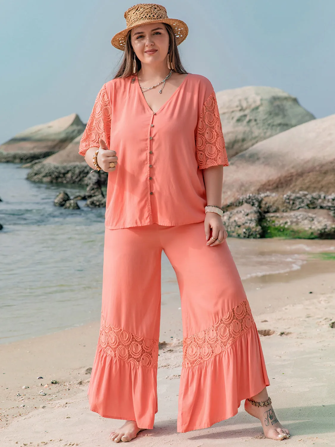 Plus Button Up Top and Pants Set