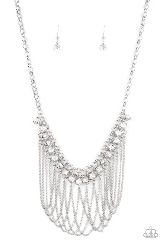 "Flaunt Your Fringe" Silver Metal & White/Clear Rhinestone Fringe Necklace Set