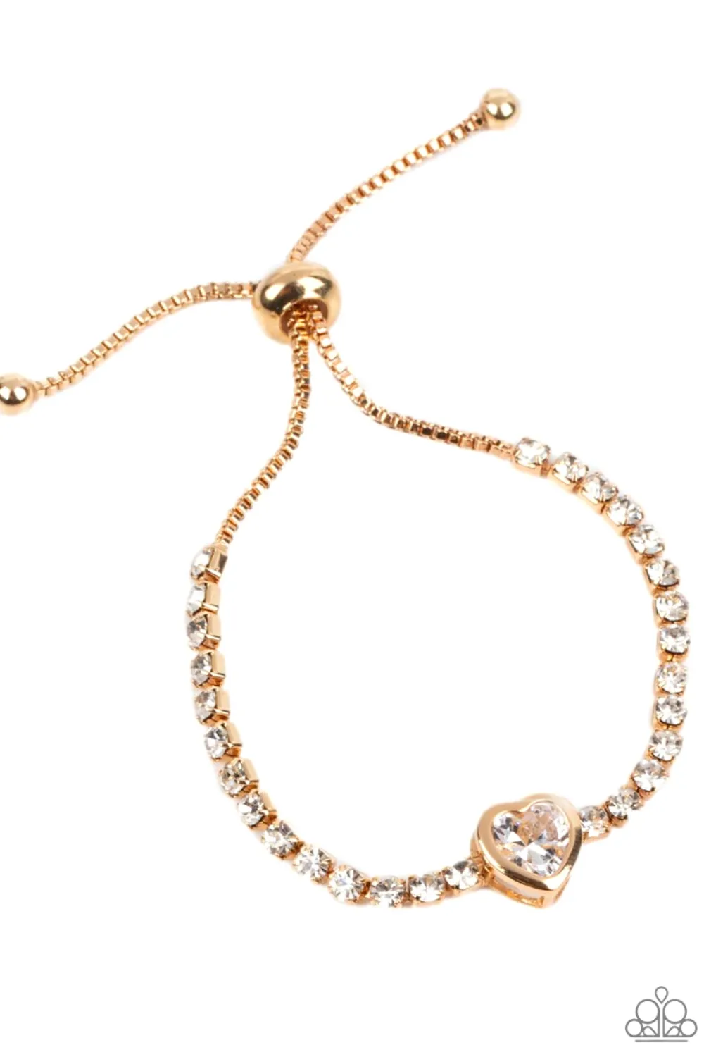 "Mirrored Love" Gold Metal White Rhinestone Heart & Chain Bolo Slide Bracelet