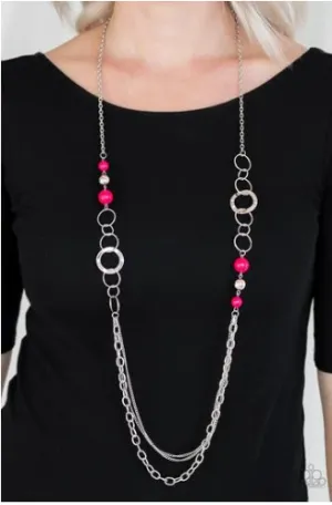 "Modern Motley" Silver Metal & Pink Bead Long Necklace Set