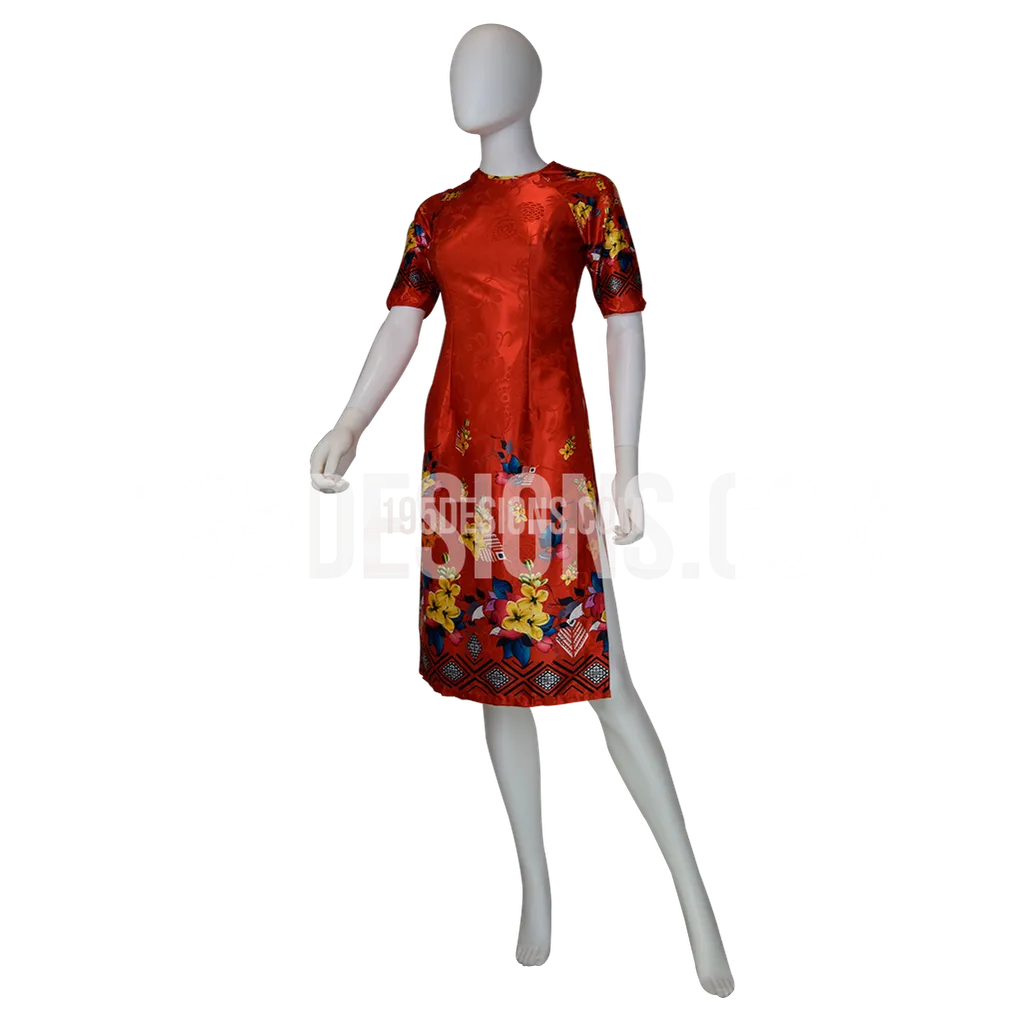 Red Ao Dai Apricot Blossom Flower and Bird Modern Lunar New Year | Tết Vải Gấm