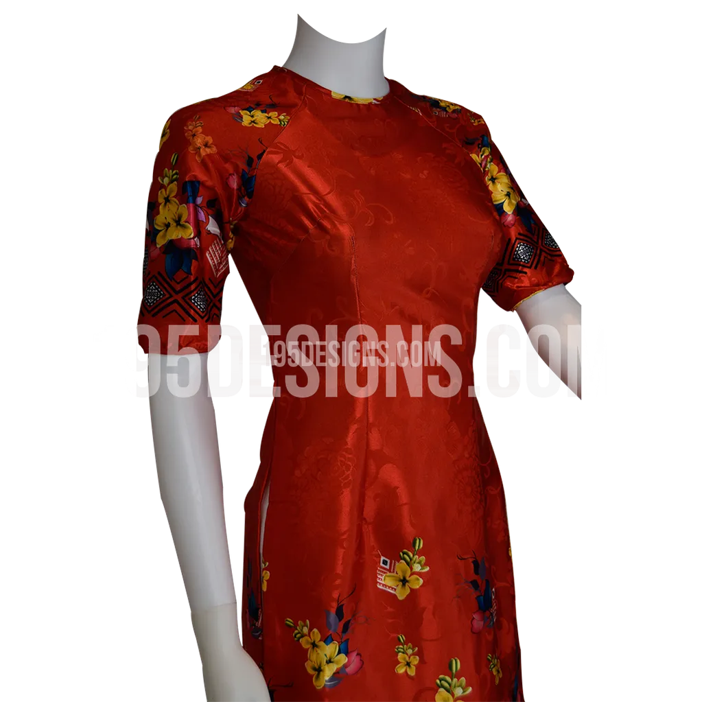 Red Ao Dai Apricot Blossom Flower and Bird Modern Lunar New Year | Tết Vải Gấm
