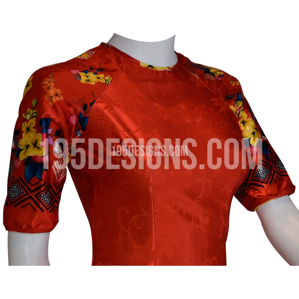 Red Ao Dai Apricot Blossom Flower and Bird Modern Lunar New Year | Tết Vải Gấm