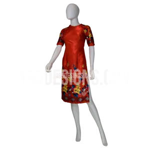 Red Ao Dai Apricot Blossom Flower and Bird Modern Lunar New Year | Tết Vải Gấm