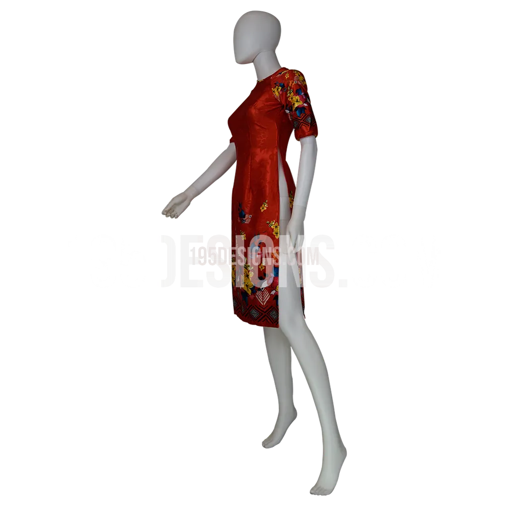 Red Ao Dai Apricot Blossom Flower and Bird Modern Lunar New Year | Tết Vải Gấm