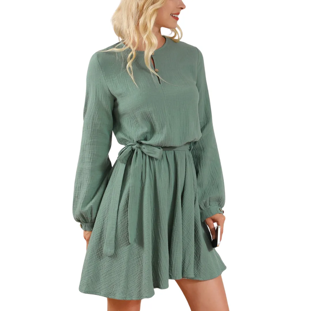 Round Neck Long Sleeve Tie Waist Dress