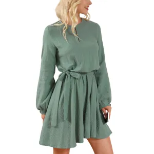 Round Neck Long Sleeve Tie Waist Dress