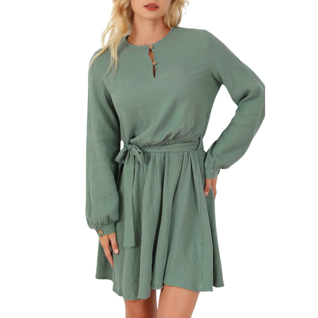 Round Neck Long Sleeve Tie Waist Dress