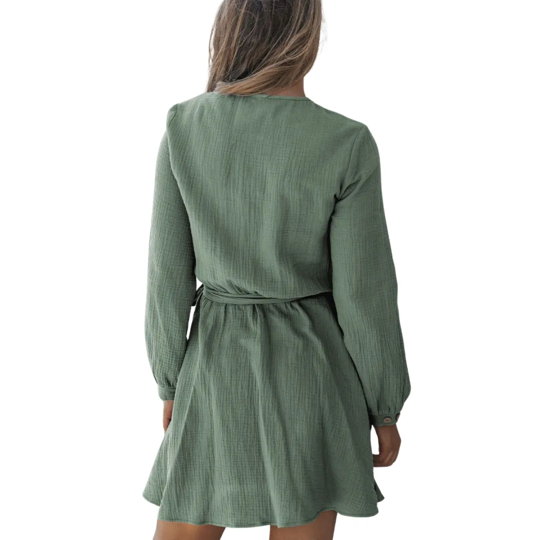 Round Neck Long Sleeve Tie Waist Dress