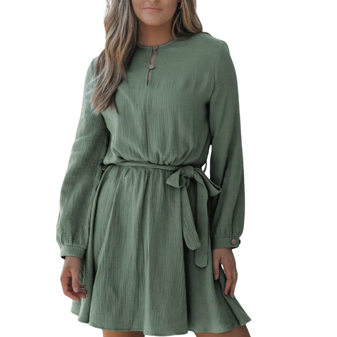 Round Neck Long Sleeve Tie Waist Dress