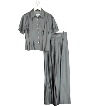 S.Deer Grey Vintage Lapel Belted Waist Shirt & Trouser Set UK S