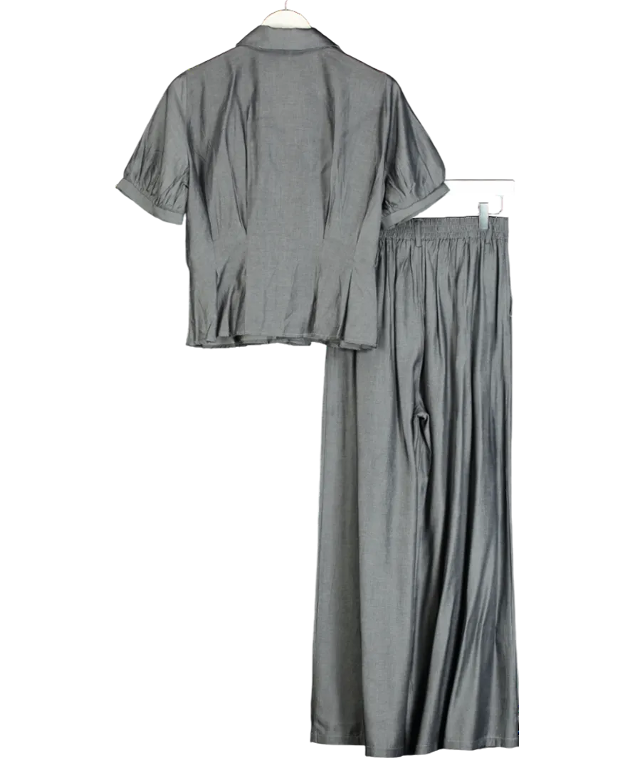 S.Deer Grey Vintage Lapel Belted Waist Shirt & Trouser Set UK S