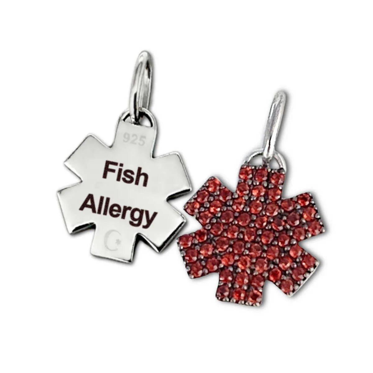 Seafood Allergy Medical ID Charms, Sterling Silver & Garnet