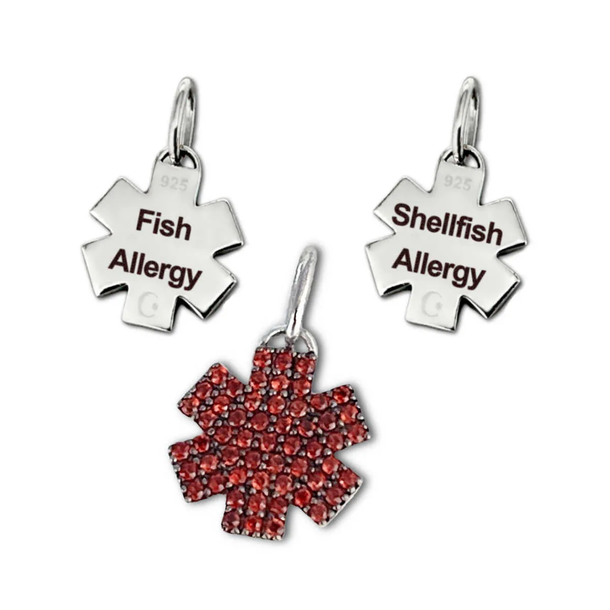 Seafood Allergy Medical ID Charms, Sterling Silver & Garnet
