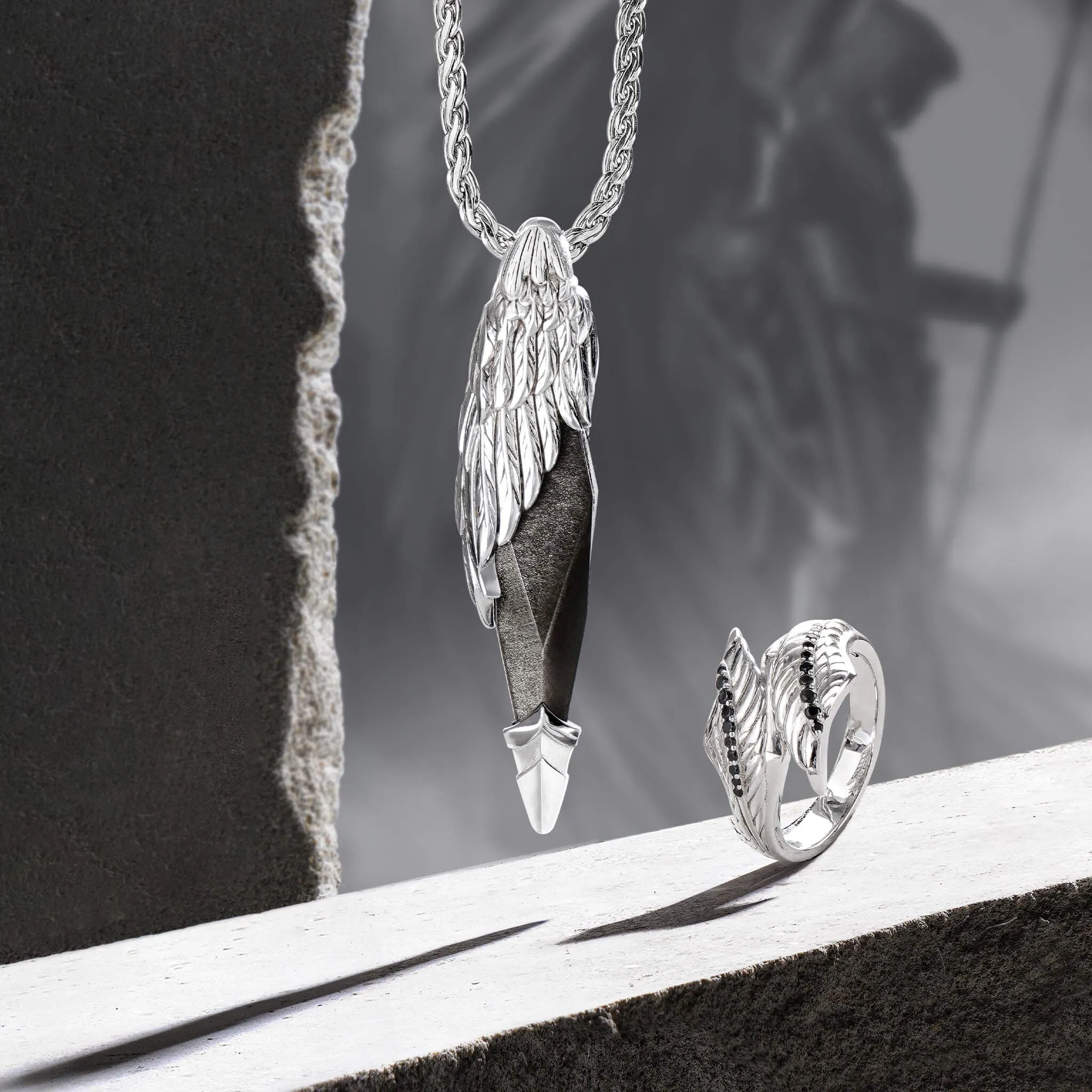 Seraph Wing Silver Obsidian Necklace