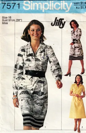 Simplicity 7571 Womens JIFFY Zip Front Shirtdress 1970s Vintage Sewing Pattern Size 16 Bust 38 inches