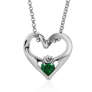 Sterling Silver Green CZ UPS-16435GR w/Chain Ladies Modern Floating Claddagh Pendant