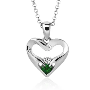 Sterling Silver Green CZ UPS-16436GR w/Chain Ladies Modern Claddagh Pendant