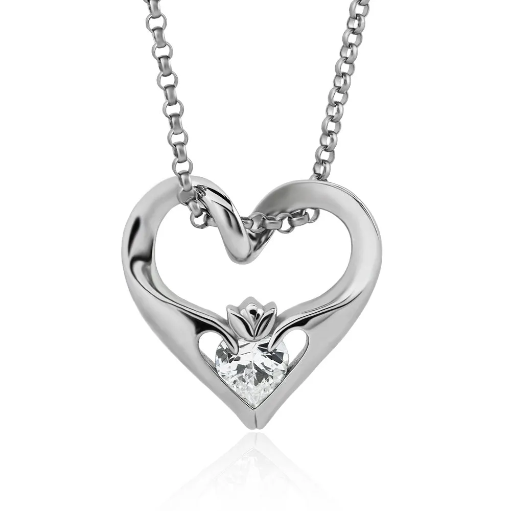 Sterling Silver White CZ w/Chain UPS-16435CZ Ladies Modern Floating Claddagh Pendant