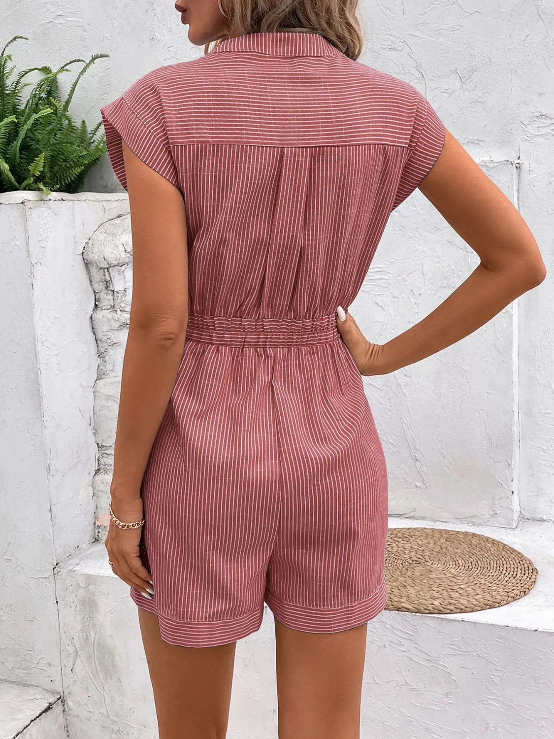Striped Notched Tie Waist Romper (6 Colors)