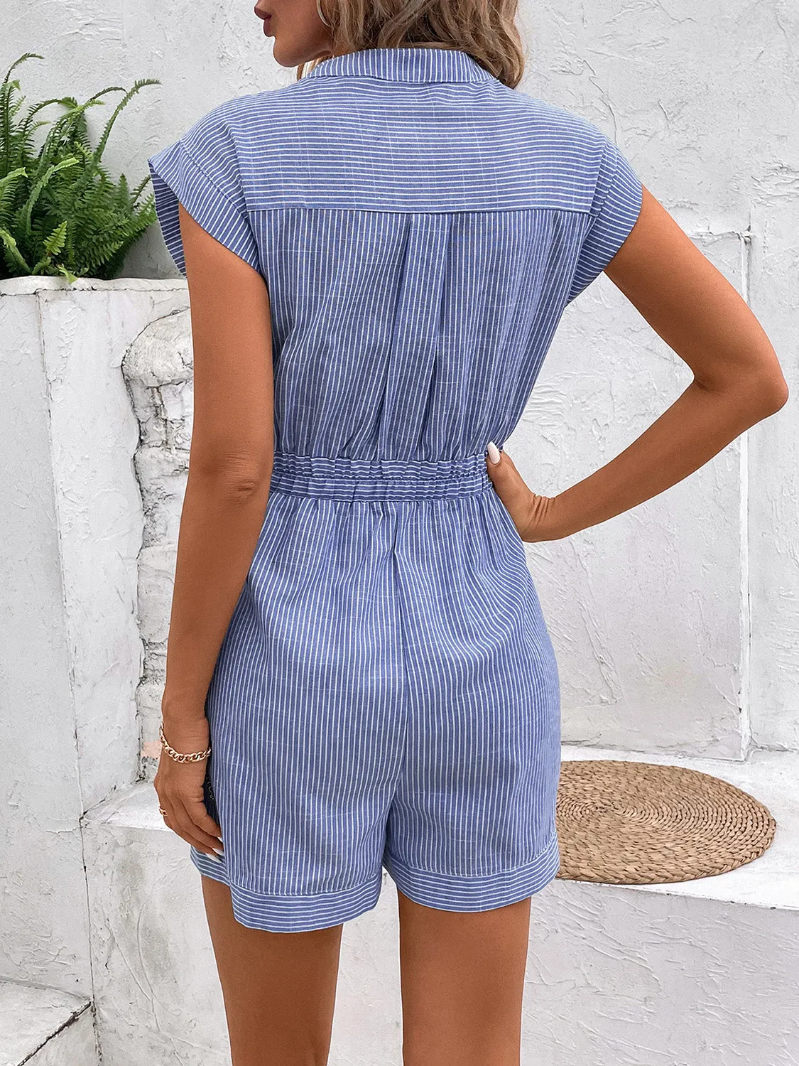 Striped Notched Tie Waist Romper (6 Colors)