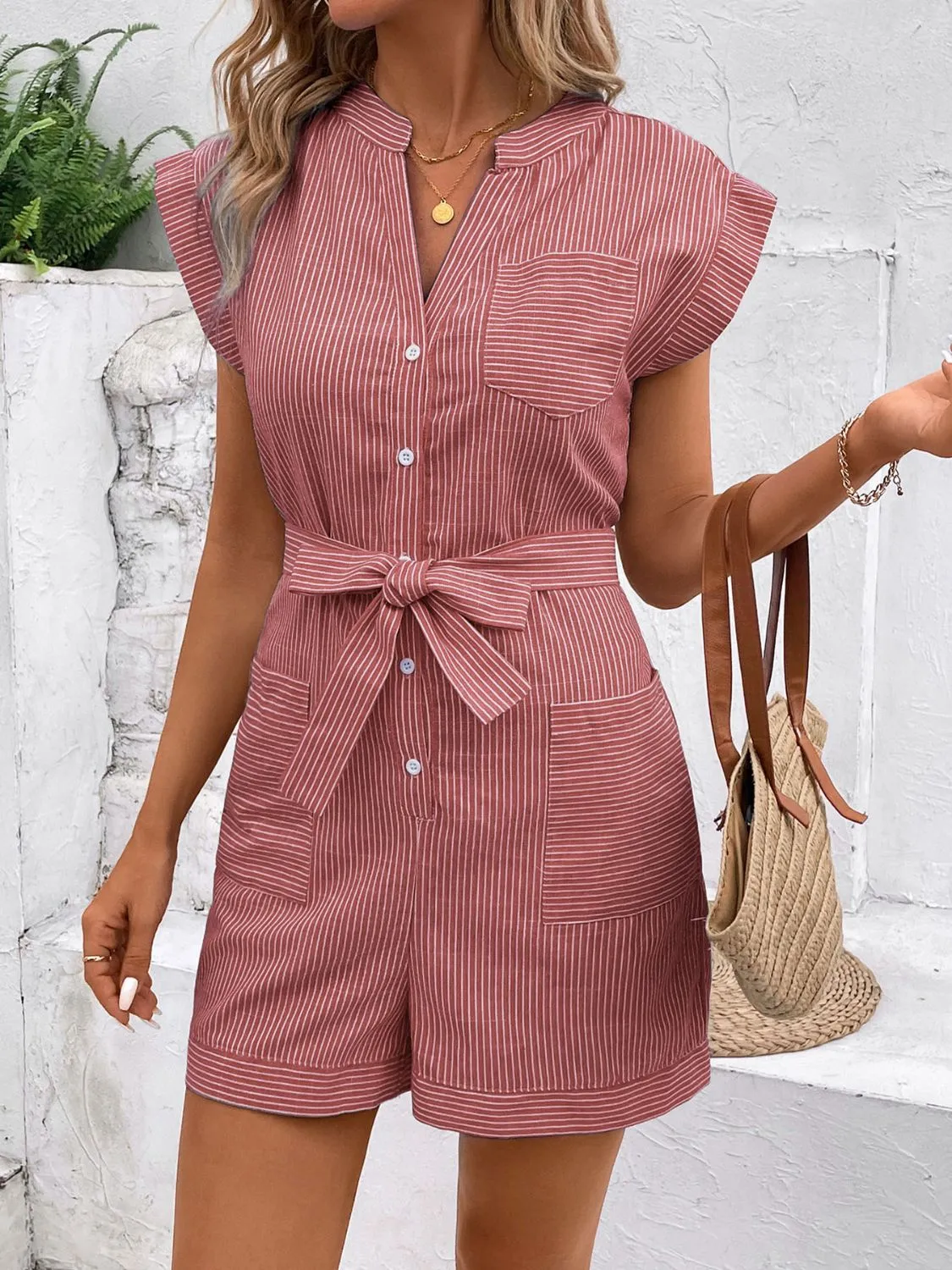 Striped Notched Tie Waist Romper (6 Colors)