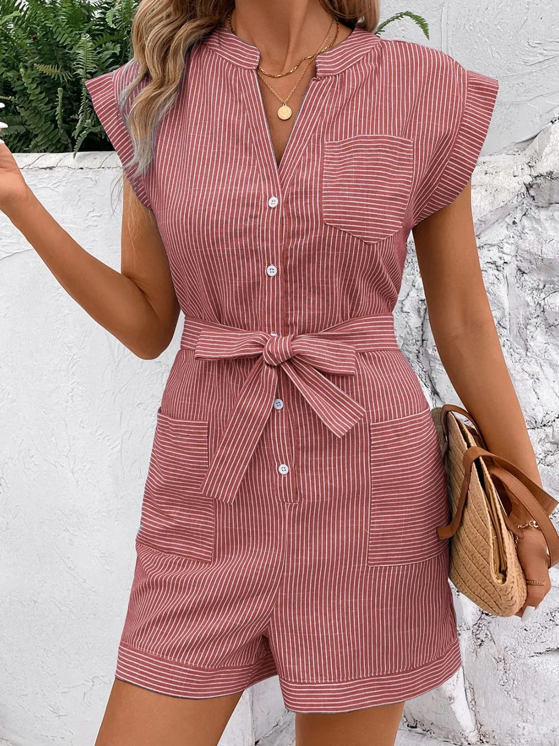 Striped Notched Tie Waist Romper (6 Colors)
