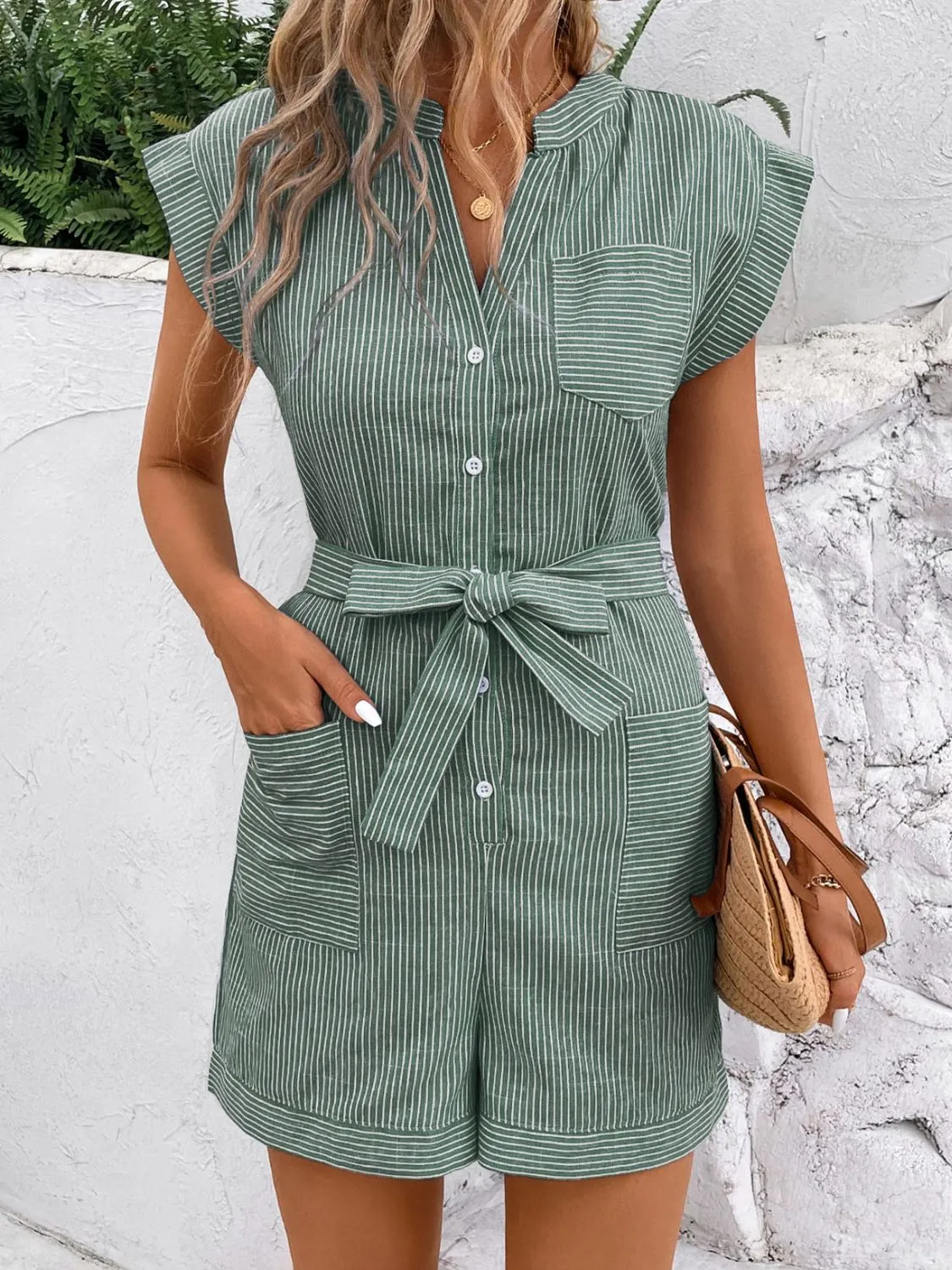 Striped Notched Tie Waist Romper (6 Colors)