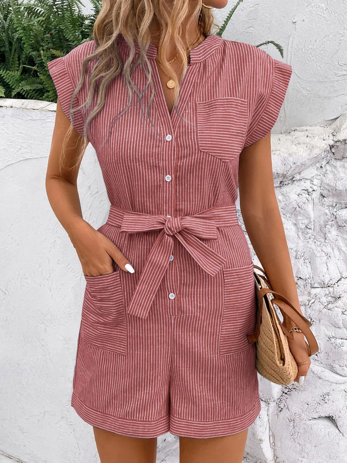 Striped Notched Tie Waist Romper (6 Colors)