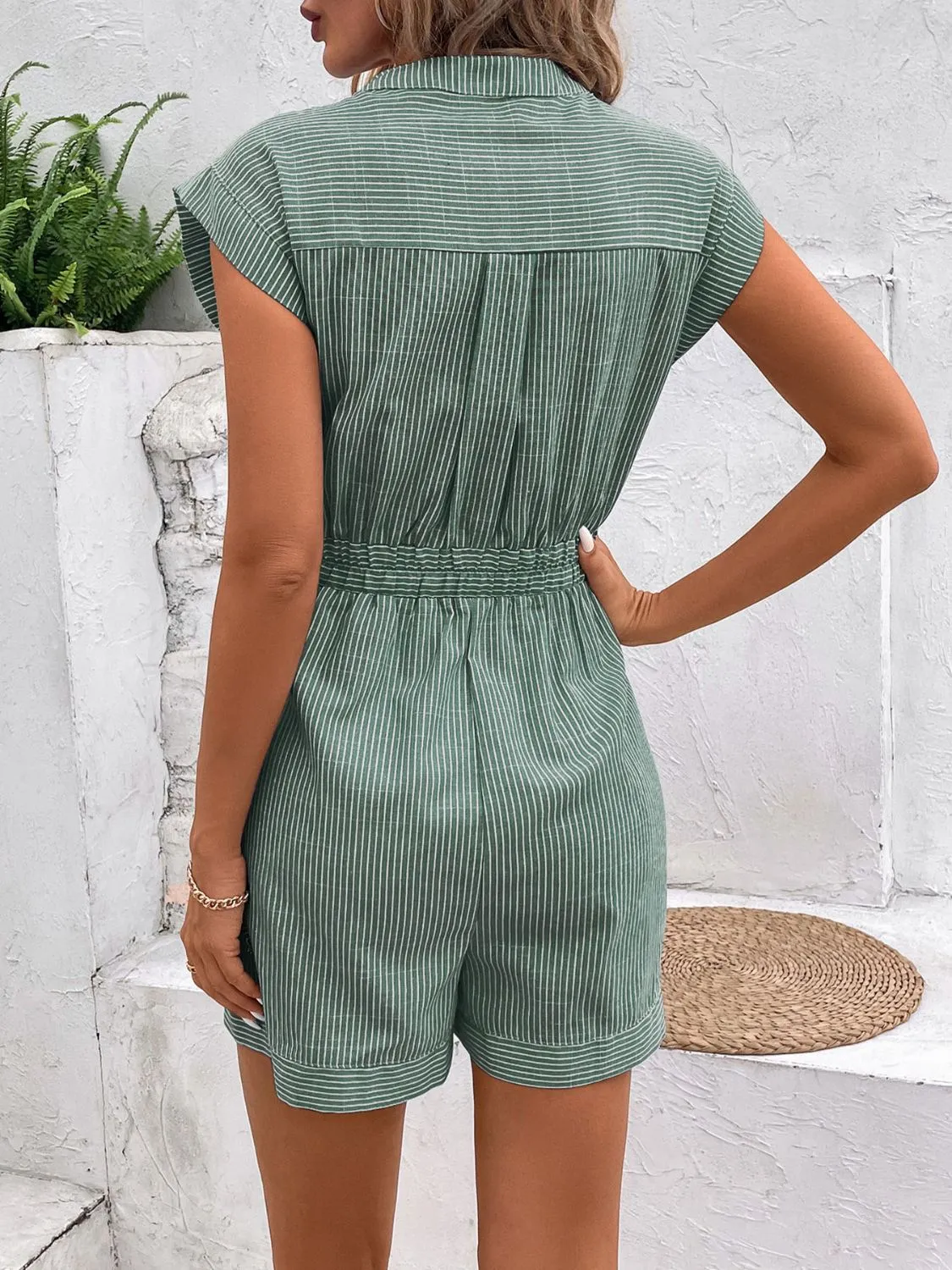 Striped Notched Tie Waist Romper (6 Colors)