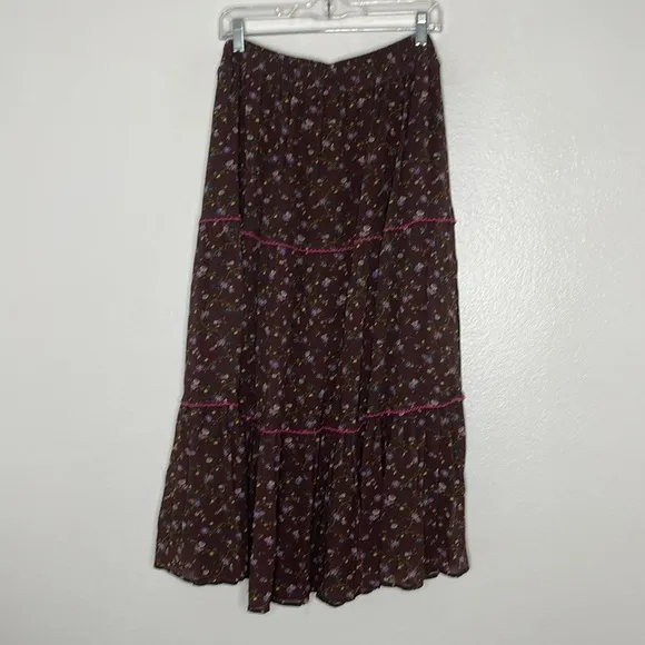 Sundance Catalog Lavender Grove Skirt Tiered Slit in Brown Floral Size Large