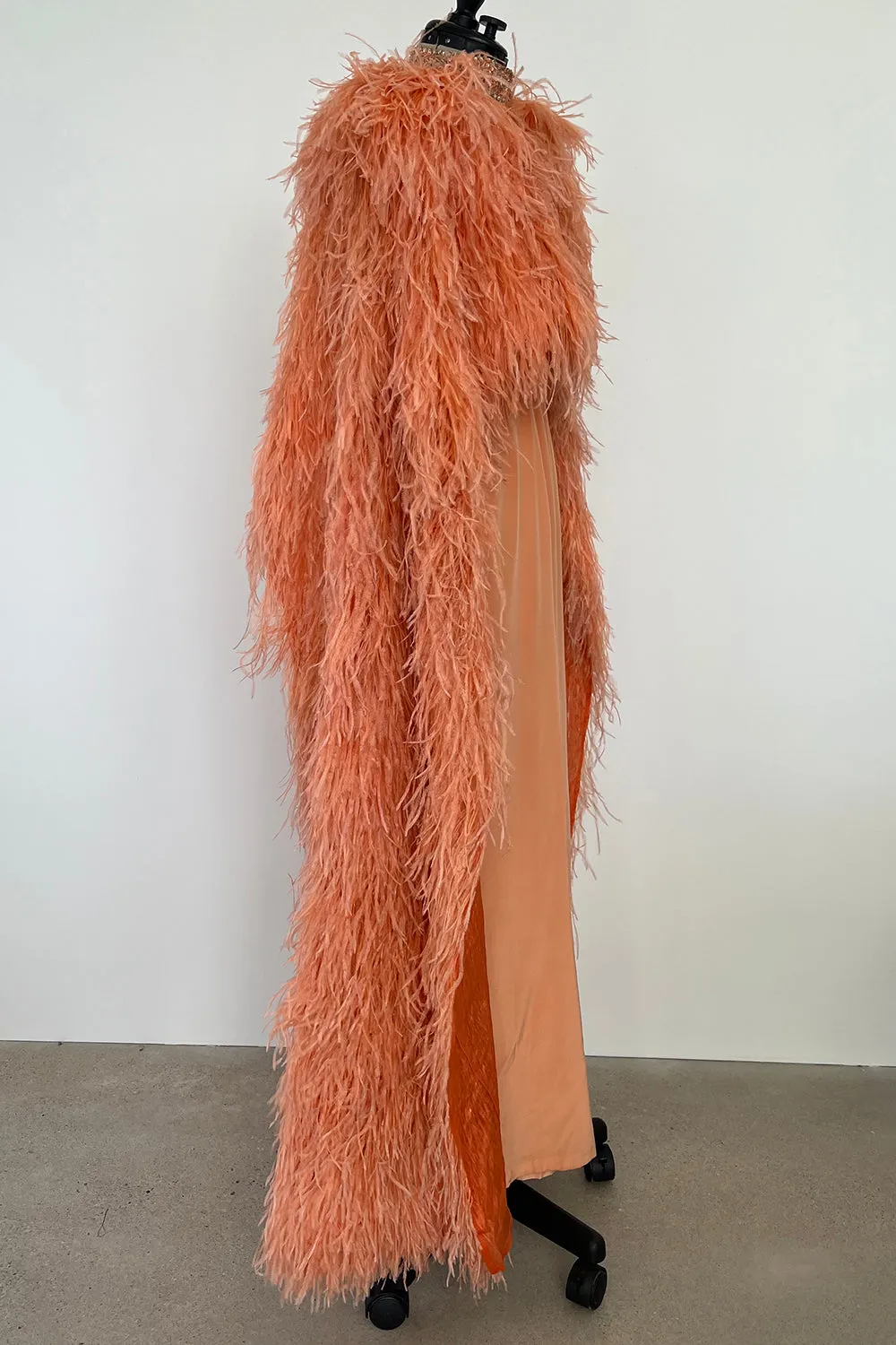 Tiziani 1960s by Karl Lagerfeld Peach Silk Plunge Dress & Feather Cape