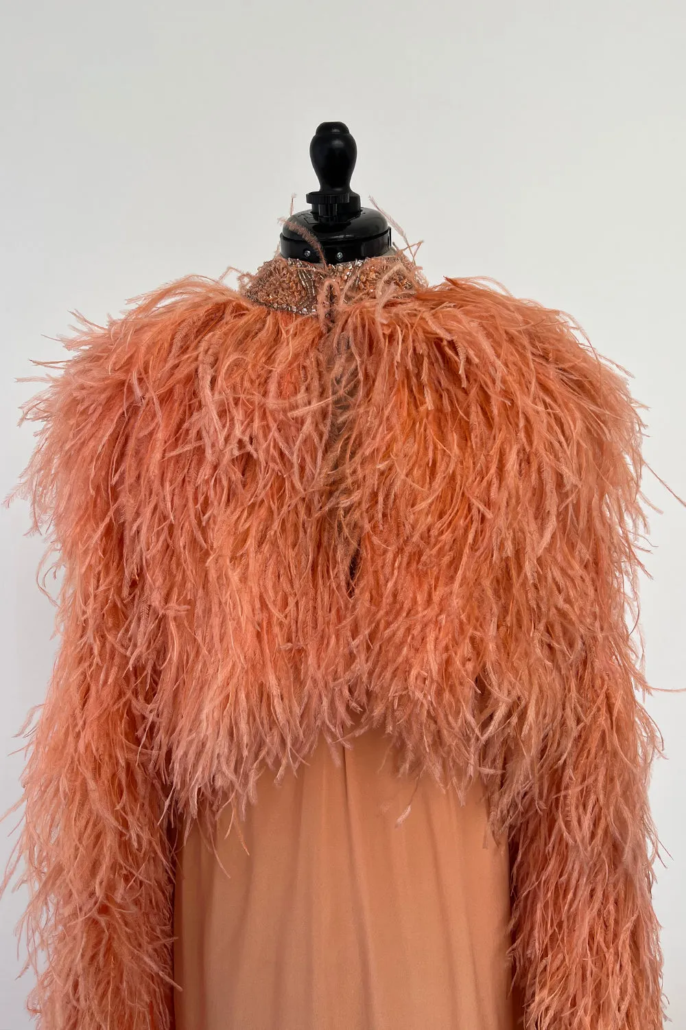 Tiziani 1960s by Karl Lagerfeld Peach Silk Plunge Dress & Feather Cape