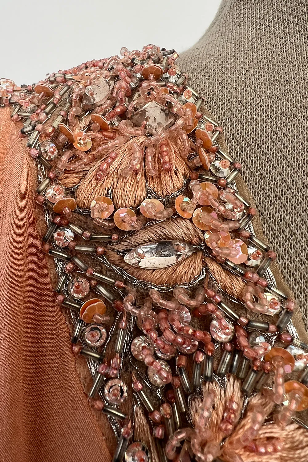 Tiziani 1960s by Karl Lagerfeld Peach Silk Plunge Dress & Feather Cape