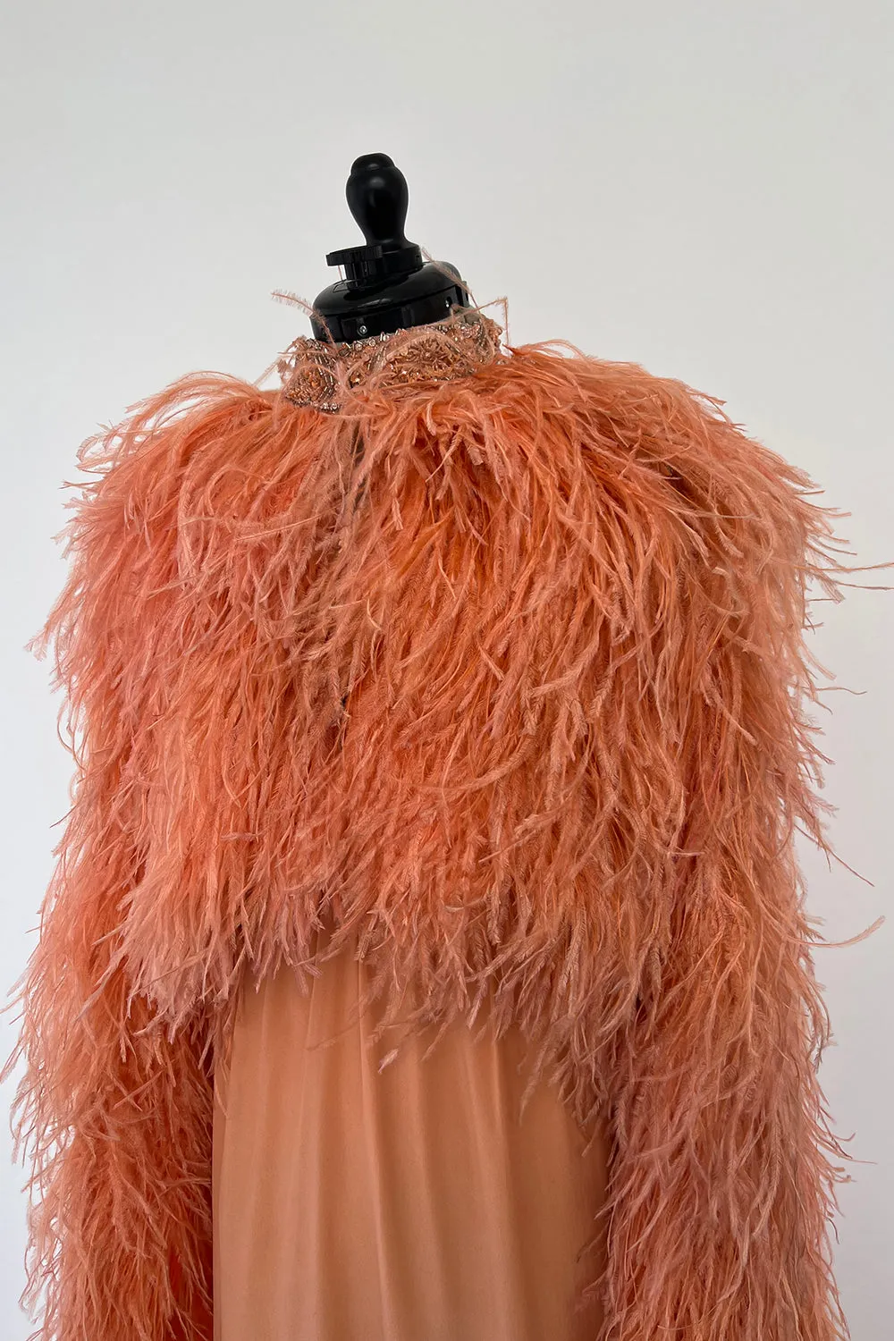 Tiziani 1960s by Karl Lagerfeld Peach Silk Plunge Dress & Feather Cape