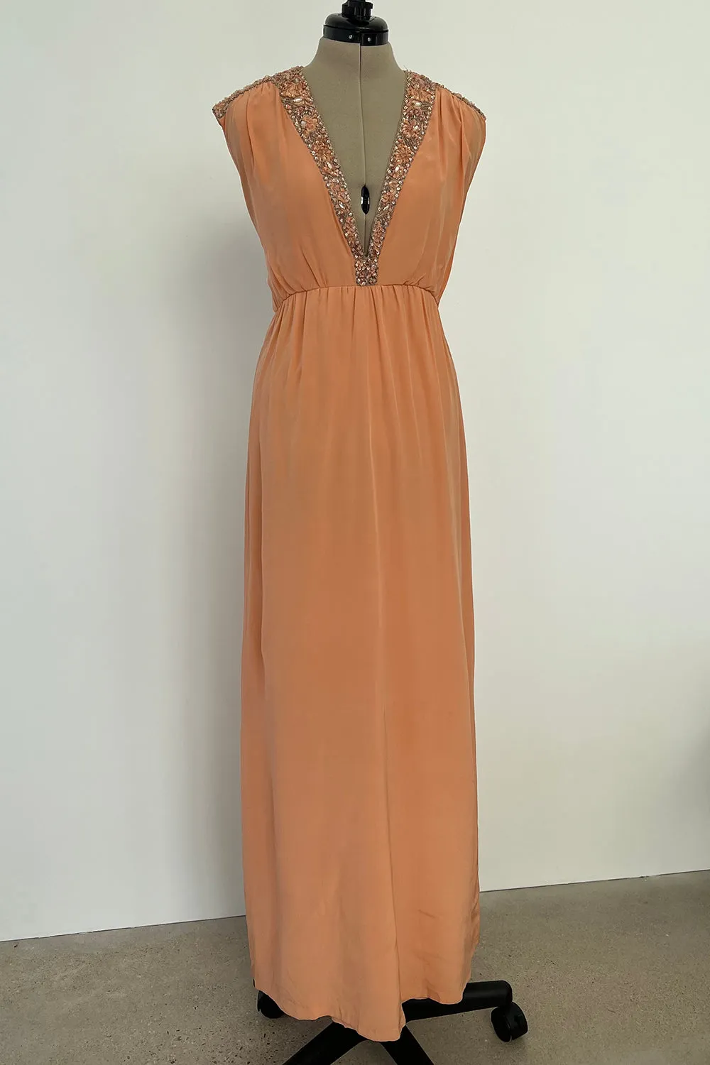 Tiziani 1960s by Karl Lagerfeld Peach Silk Plunge Dress & Feather Cape