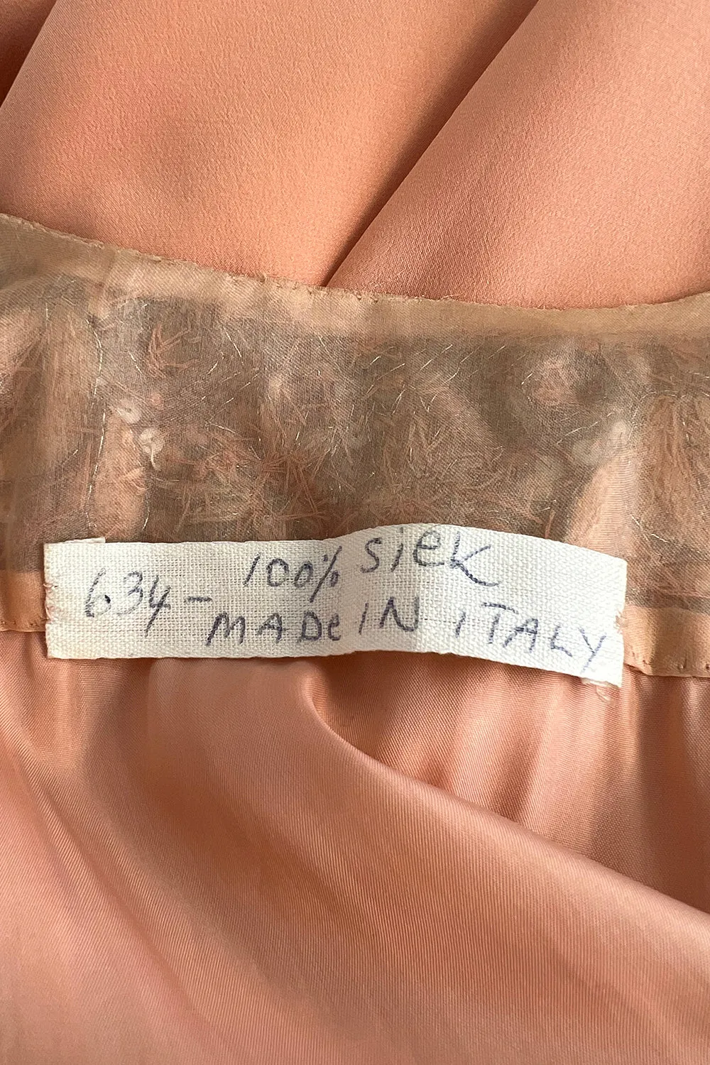 Tiziani 1960s by Karl Lagerfeld Peach Silk Plunge Dress & Feather Cape