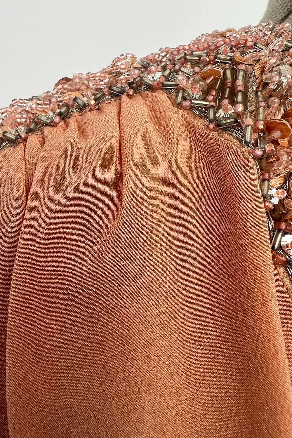 Tiziani 1960s by Karl Lagerfeld Peach Silk Plunge Dress & Feather Cape