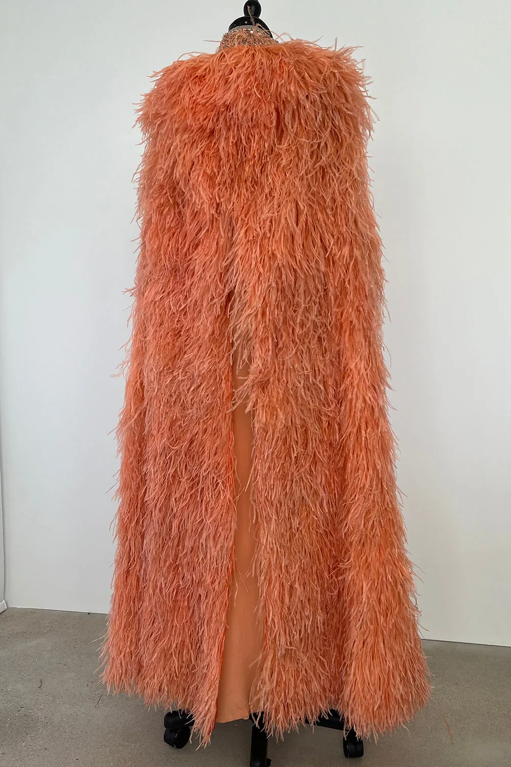 Tiziani 1960s by Karl Lagerfeld Peach Silk Plunge Dress & Feather Cape