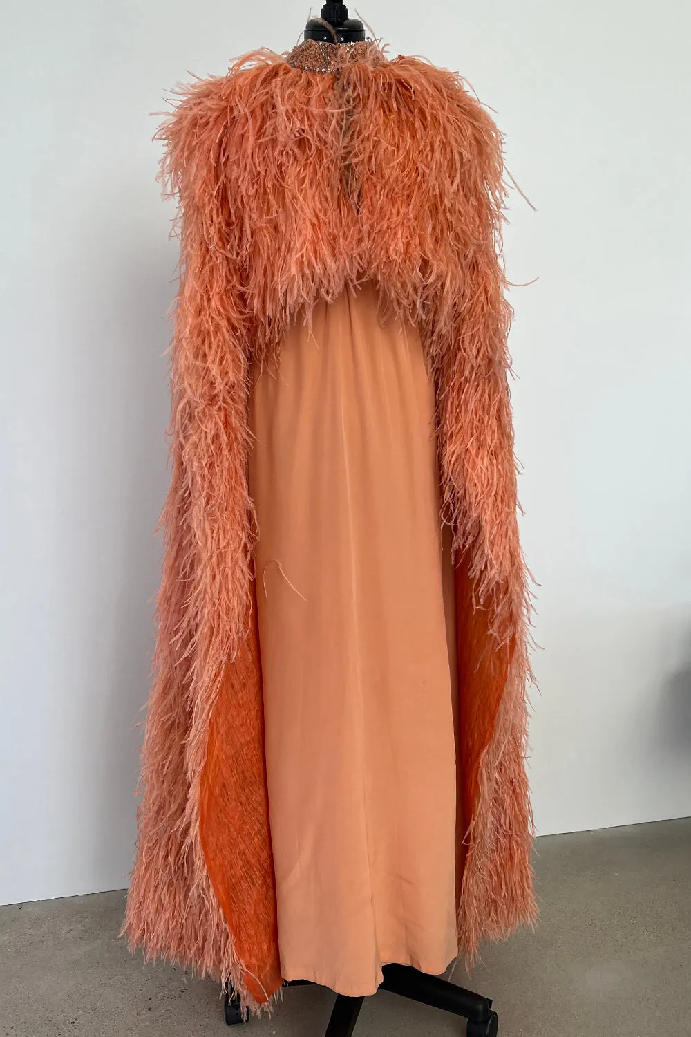 Tiziani 1960s by Karl Lagerfeld Peach Silk Plunge Dress & Feather Cape