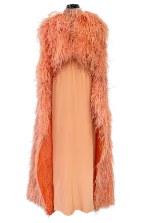 Tiziani 1960s by Karl Lagerfeld Peach Silk Plunge Dress & Feather Cape