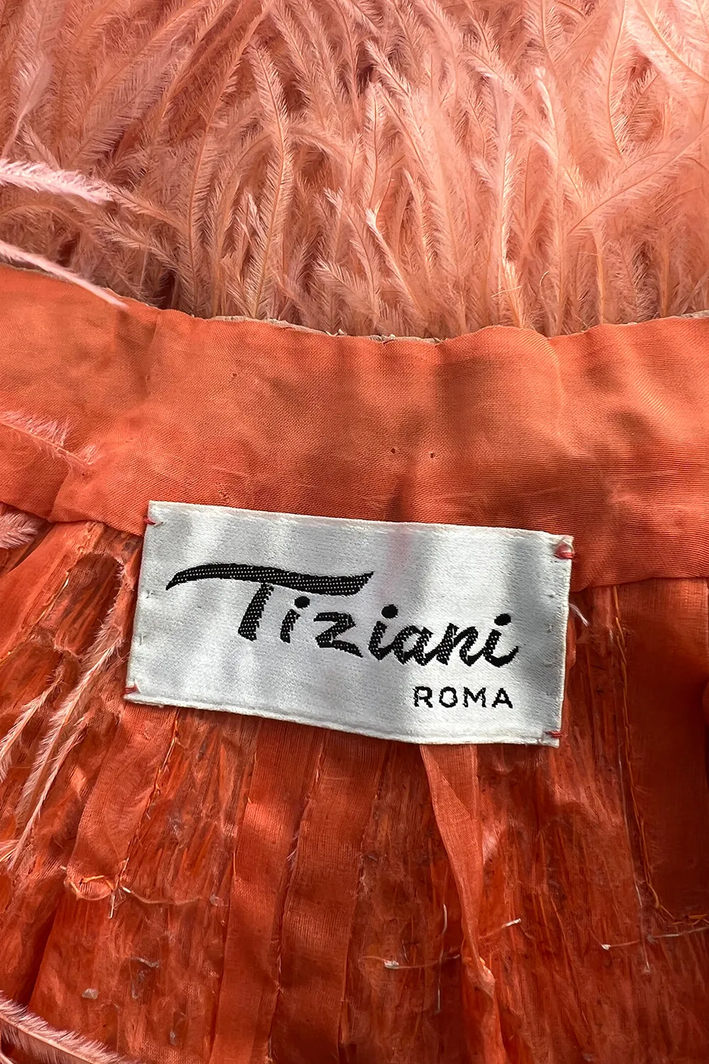 Tiziani 1960s by Karl Lagerfeld Peach Silk Plunge Dress & Feather Cape