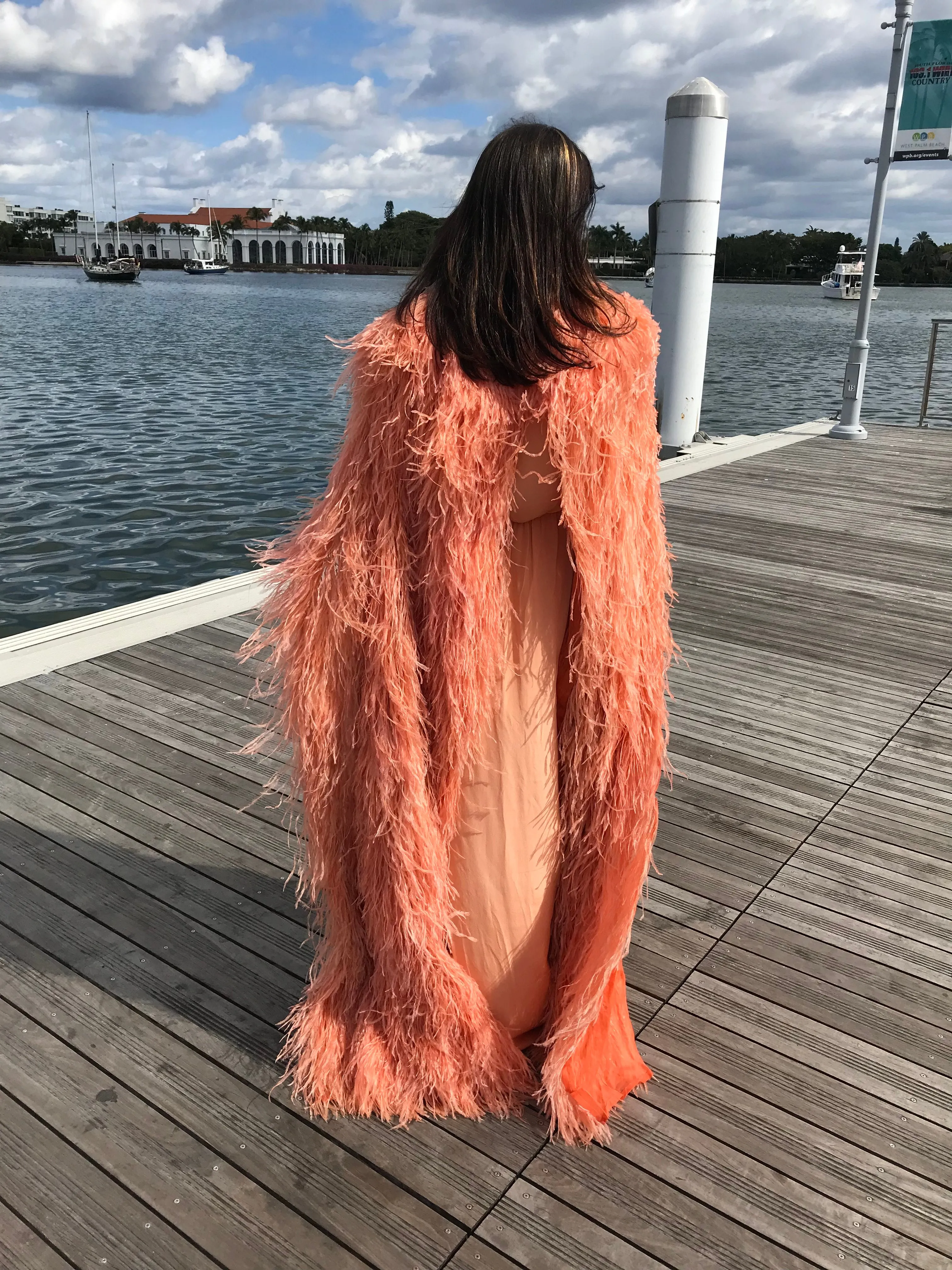 Tiziani 1960s by Karl Lagerfeld Peach Silk Plunge Dress & Feather Cape