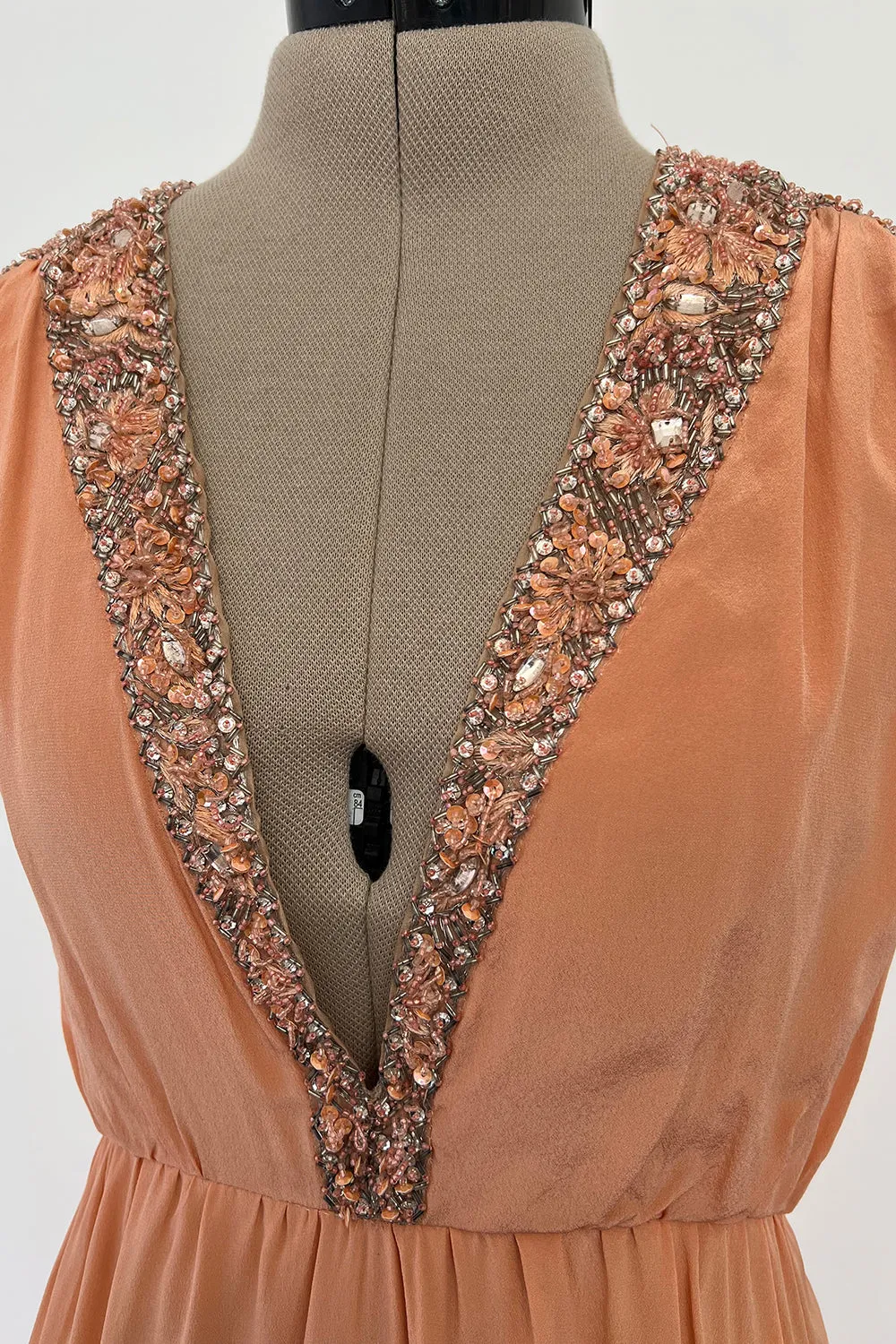 Tiziani 1960s by Karl Lagerfeld Peach Silk Plunge Dress & Feather Cape