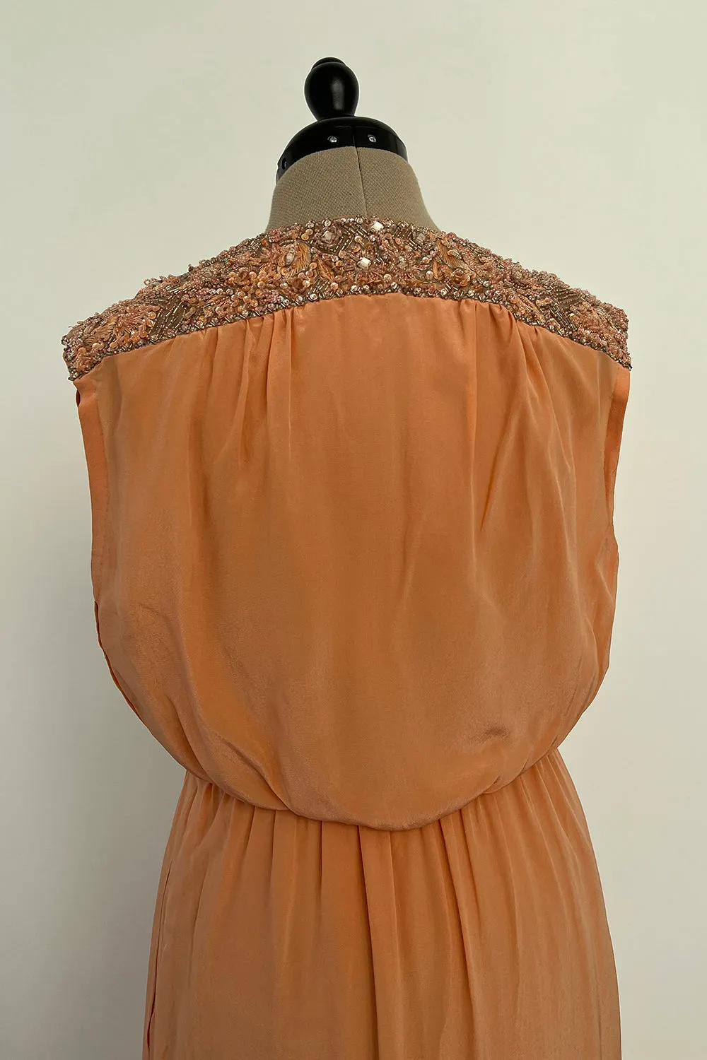 Tiziani 1960s by Karl Lagerfeld Peach Silk Plunge Dress & Feather Cape