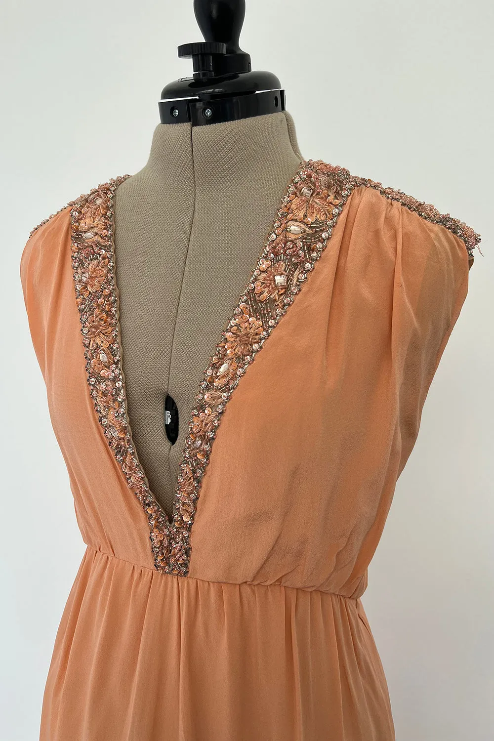 Tiziani 1960s by Karl Lagerfeld Peach Silk Plunge Dress & Feather Cape