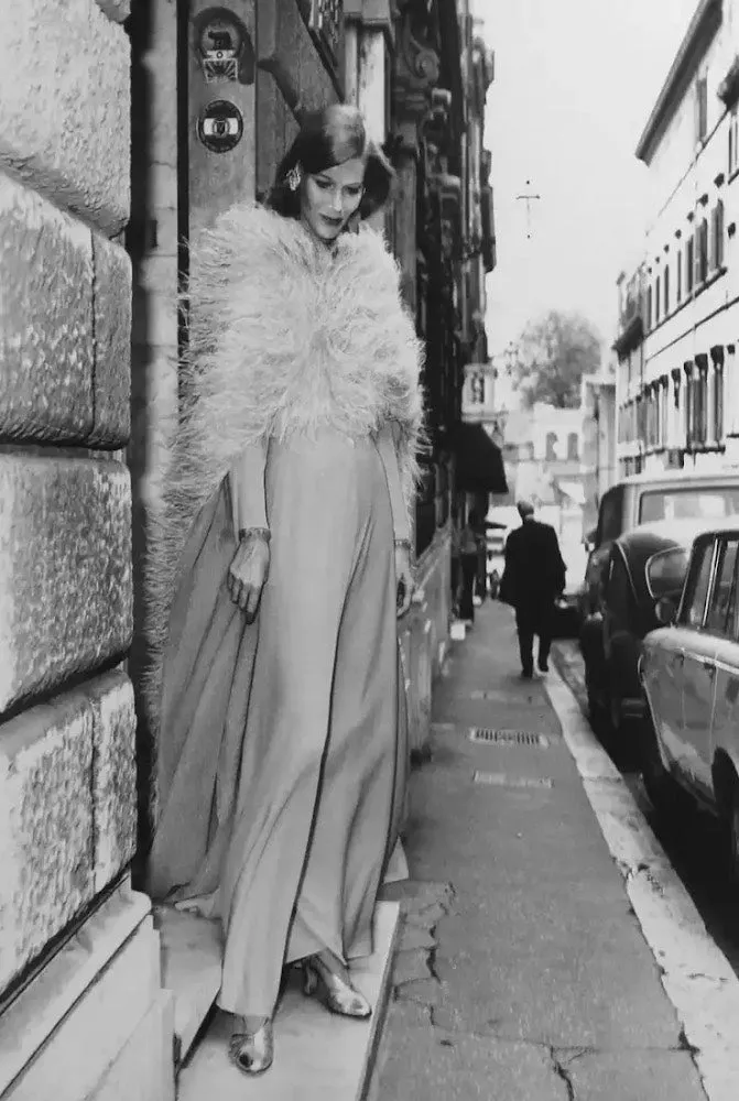 Tiziani 1960s by Karl Lagerfeld Peach Silk Plunge Dress & Feather Cape
