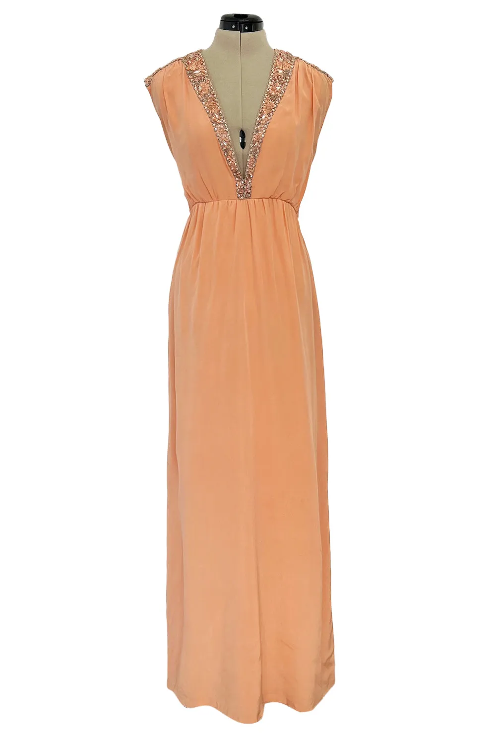 Tiziani 1960s by Karl Lagerfeld Peach Silk Plunge Dress & Feather Cape